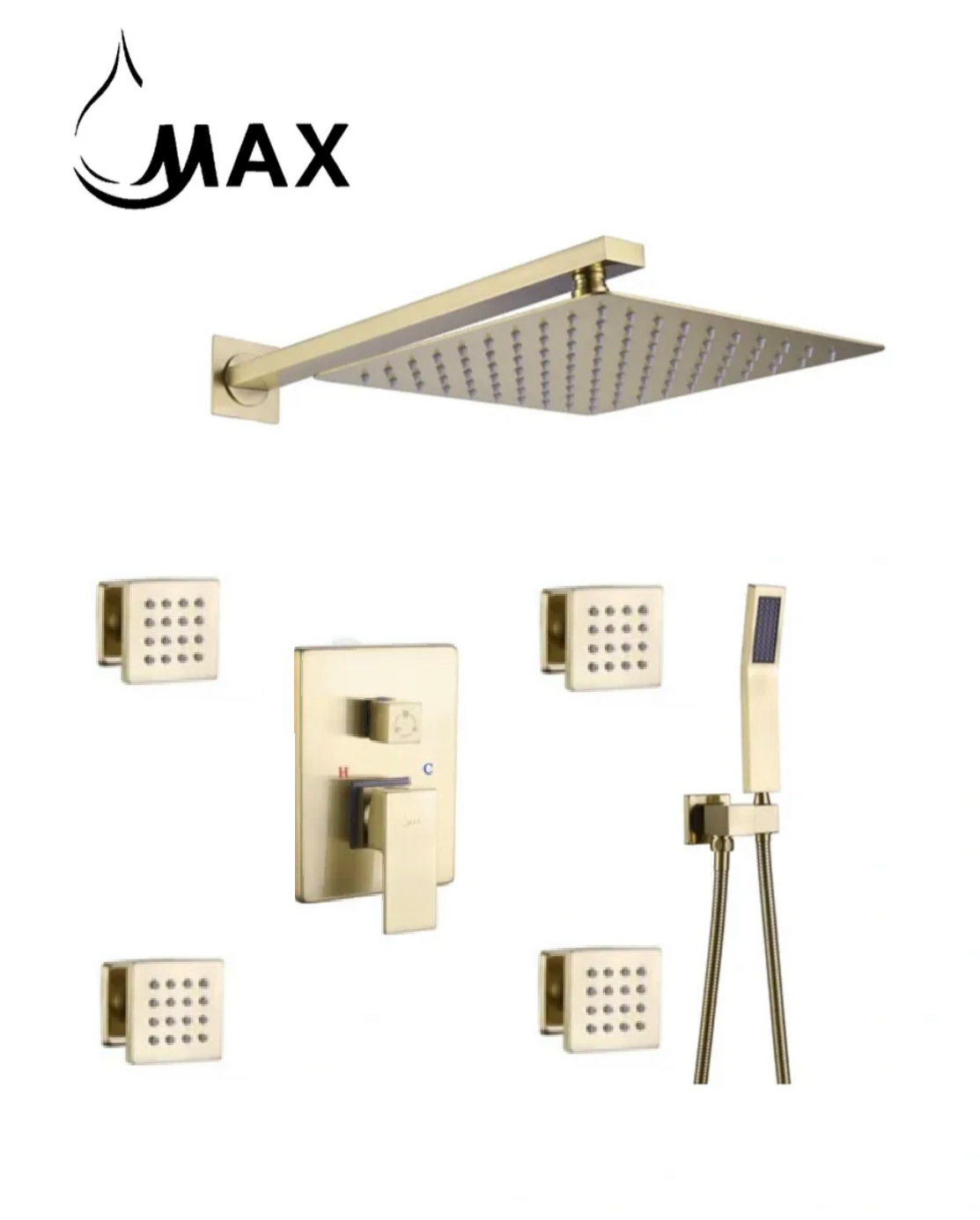 Complete brushed gold shower system with rainfall shower head, handheld shower and 4 body jets