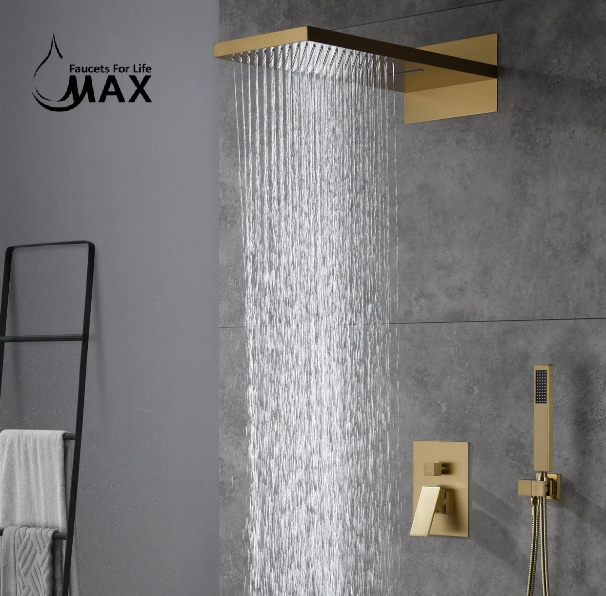 Luxury bathroom with brushed gold waterfall rainfall shower system and handheld