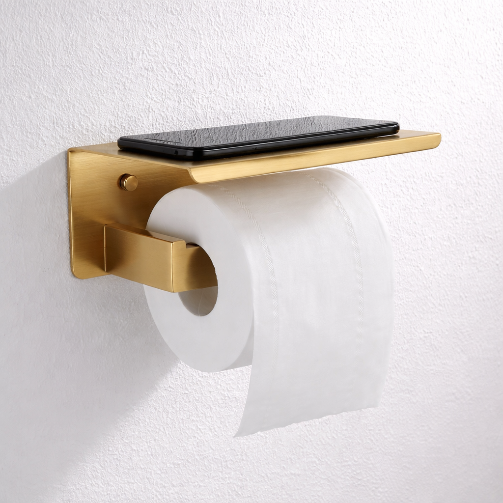 Brushed gold stainless steel toilet paper holder with shelf, wall-mounted bathroom tissue holder by MAX Faucets