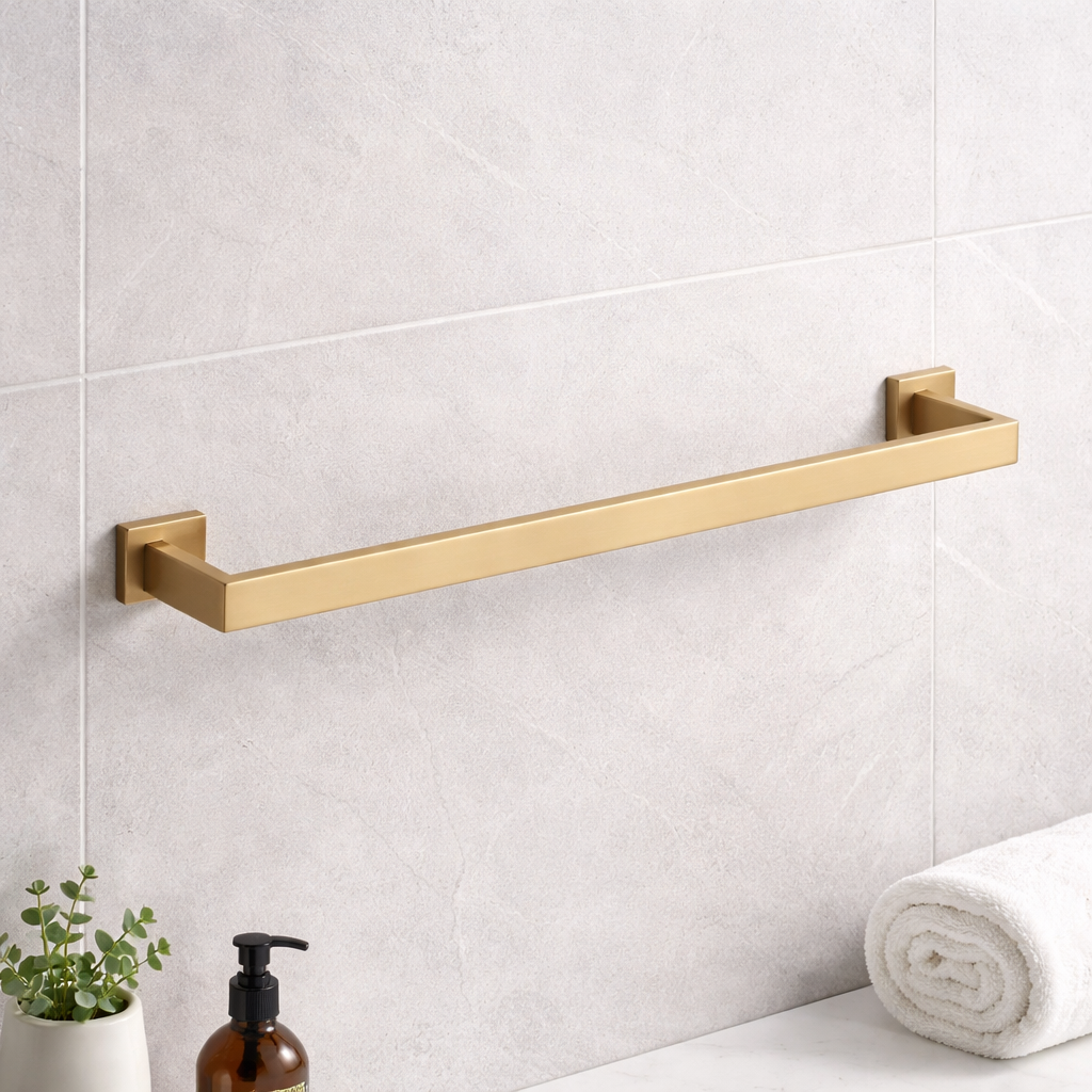Brushed gold stainless steel towel bar, 60cm wall-mounted bathroom rack by MAX Faucets with folded towel