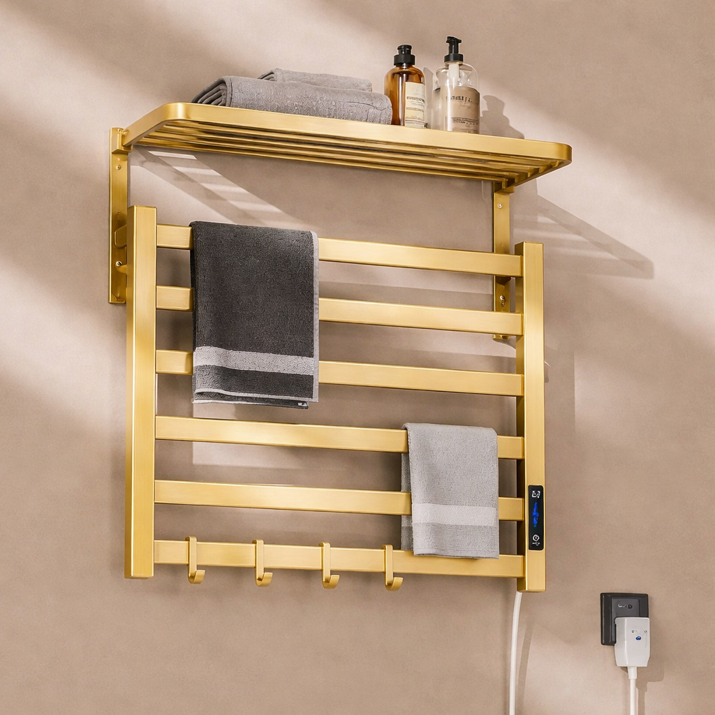 Modern bathroom with brushed gold electric towel warmer rack and shelf installed