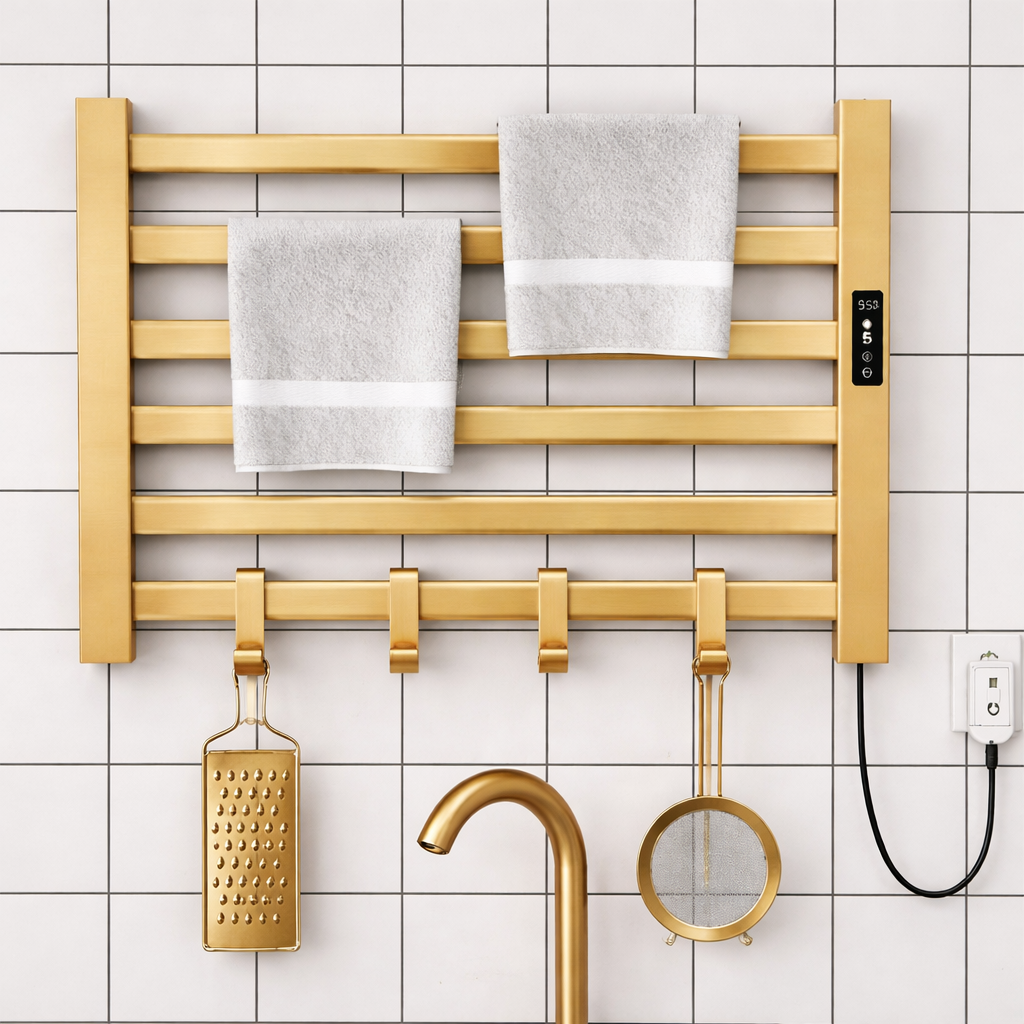 Close-up of digital control panel on brushed gold electric towel warmer rack