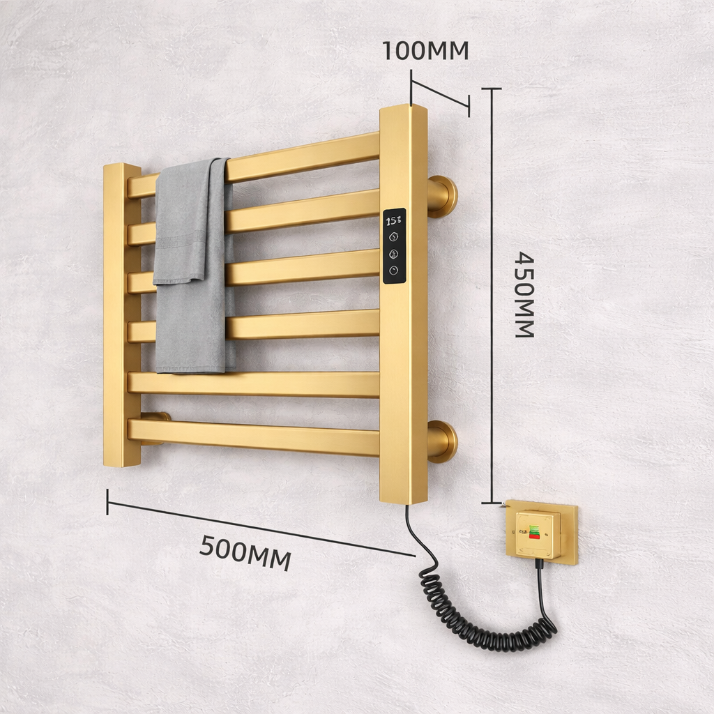 Dimensions of brushed gold electric towel warmer rack showing 500x450 mm size