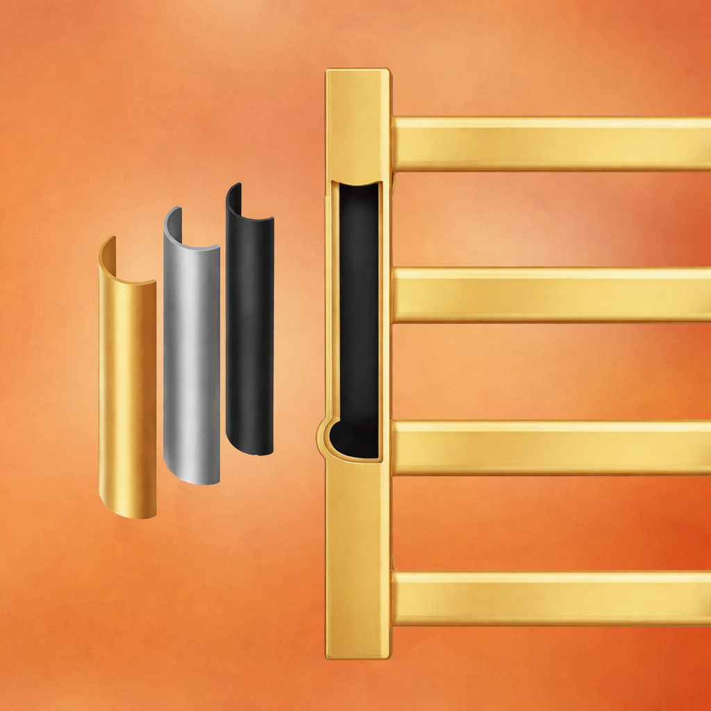 Brushed gold towel warmer showing left and right side wiring installation options