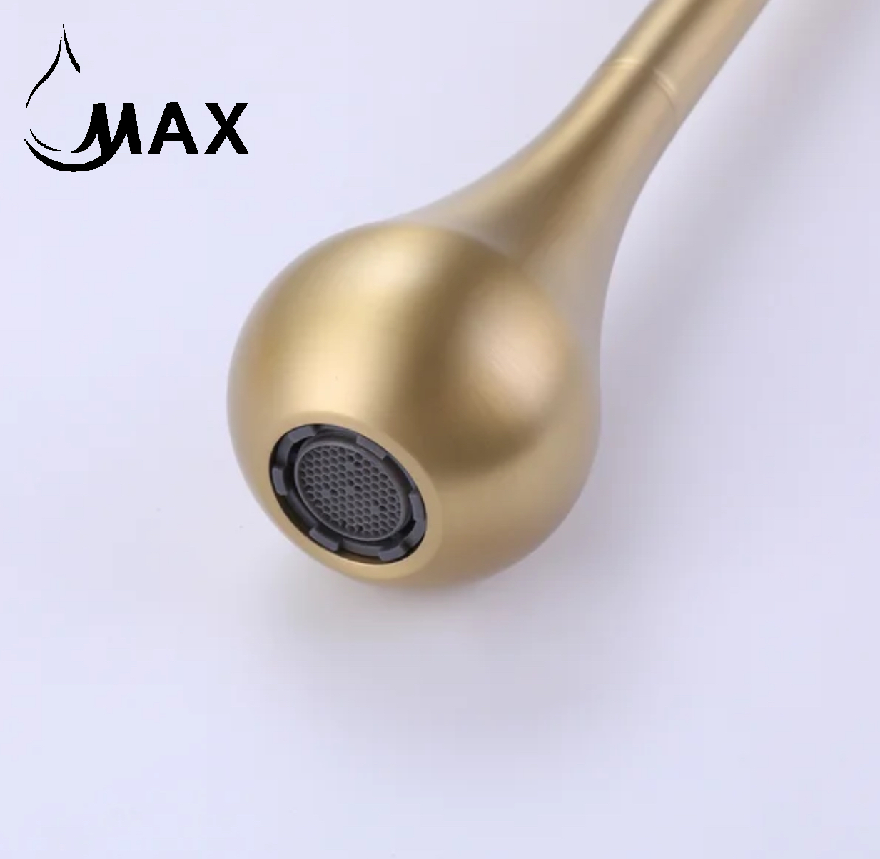 Brushed gold wall-mounted hand control for MAX Faucets ceiling-mounted bathroom faucet
