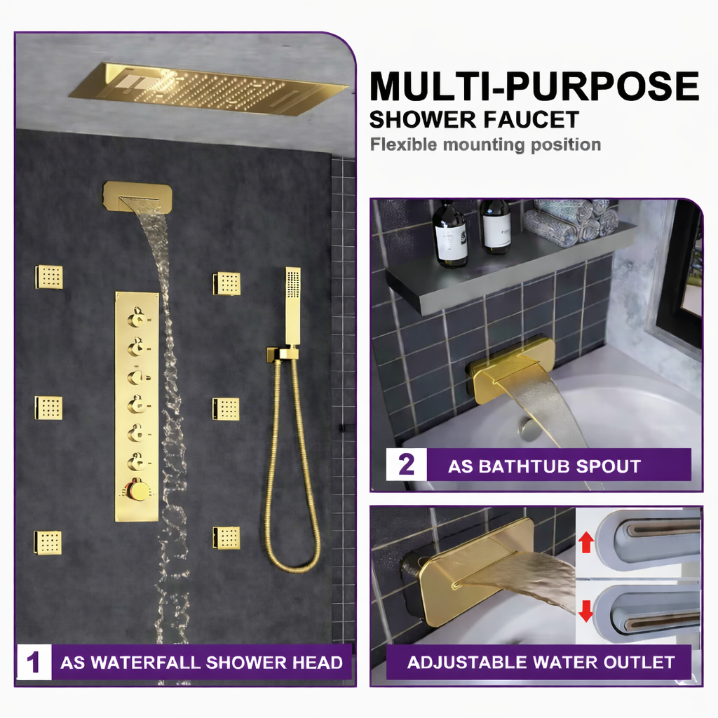 Brushed gold water spout integrated into luxury thermostatic shower system