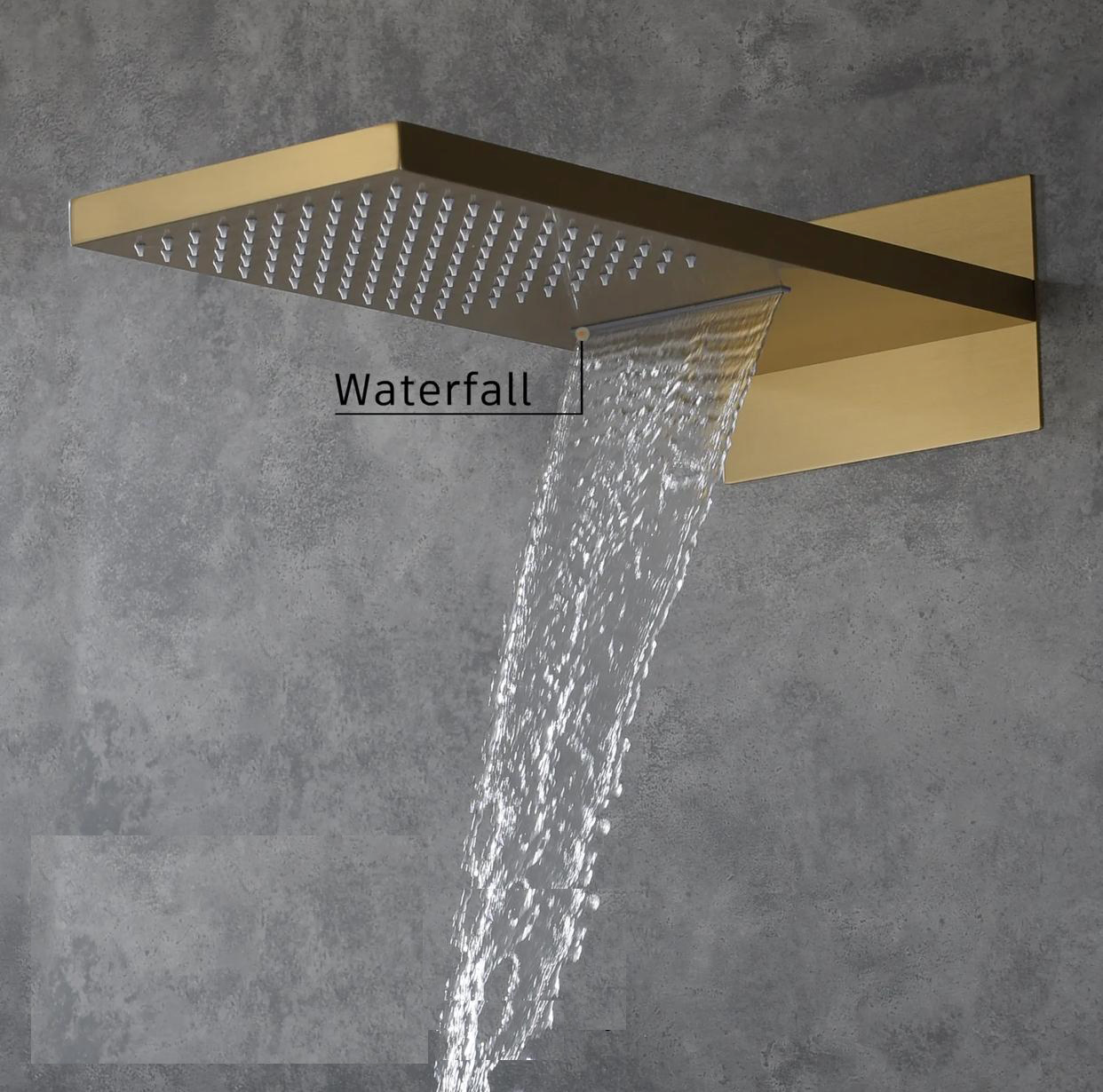 Brushed gold dual function shower head with waterfall and rainfall spray