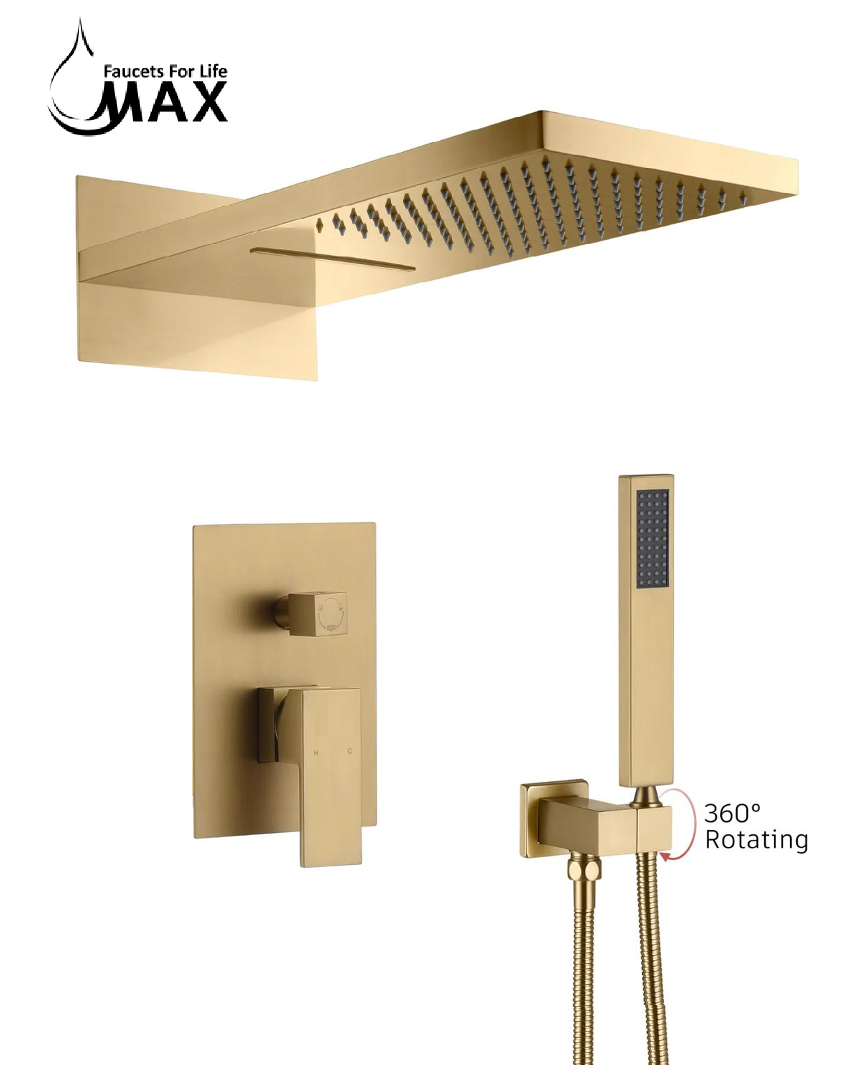 Brushed gold waterfall and rainfall shower system with handheld and pressure balance valve