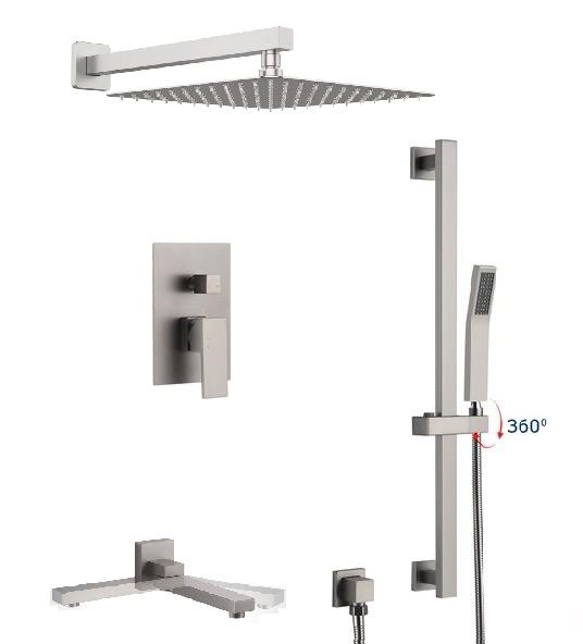 Brushed nickel 3-function shower system with handheld slide bar and pressure balance valve