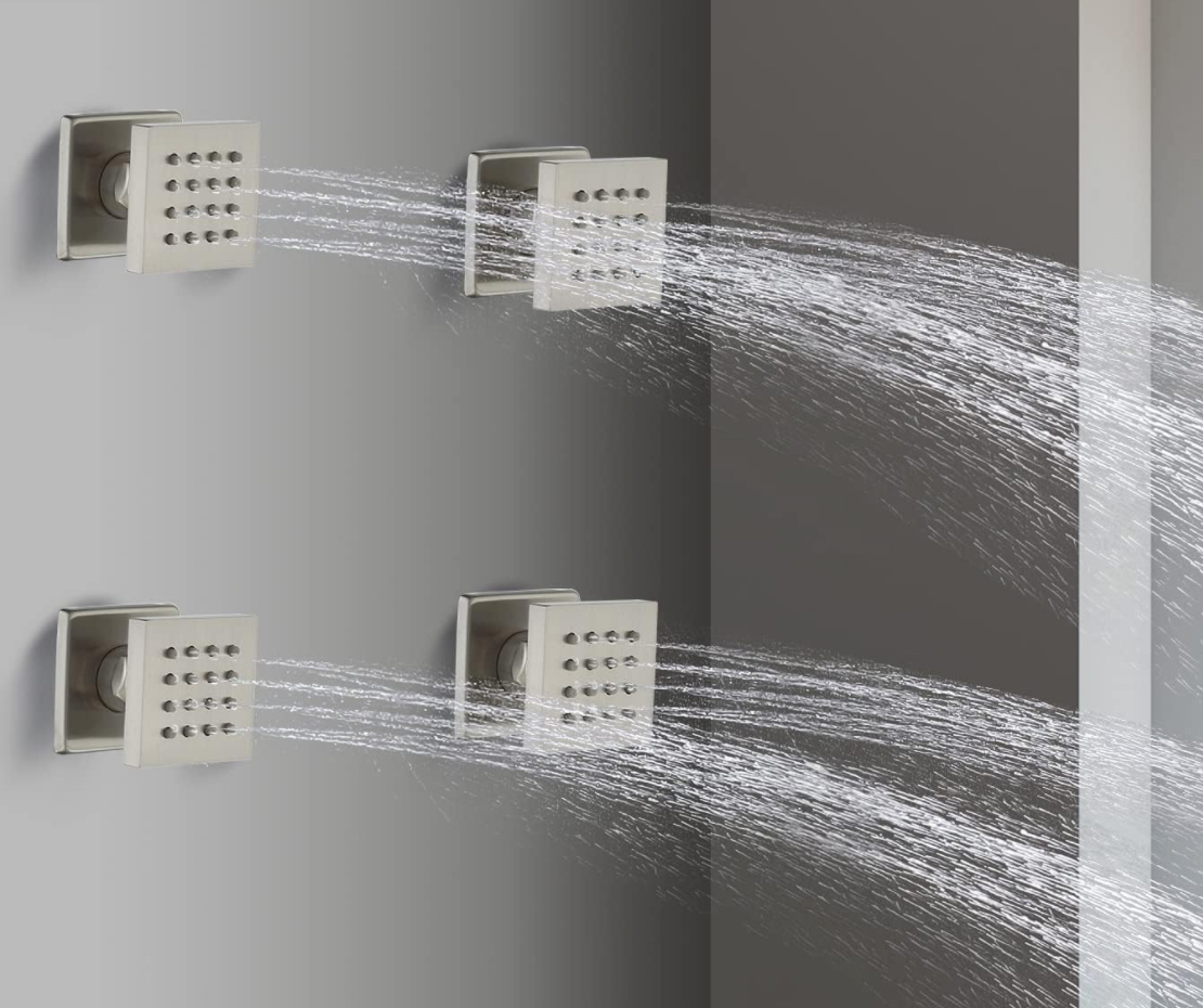 Four brushed nickel body jets for luxury thermostatic shower system