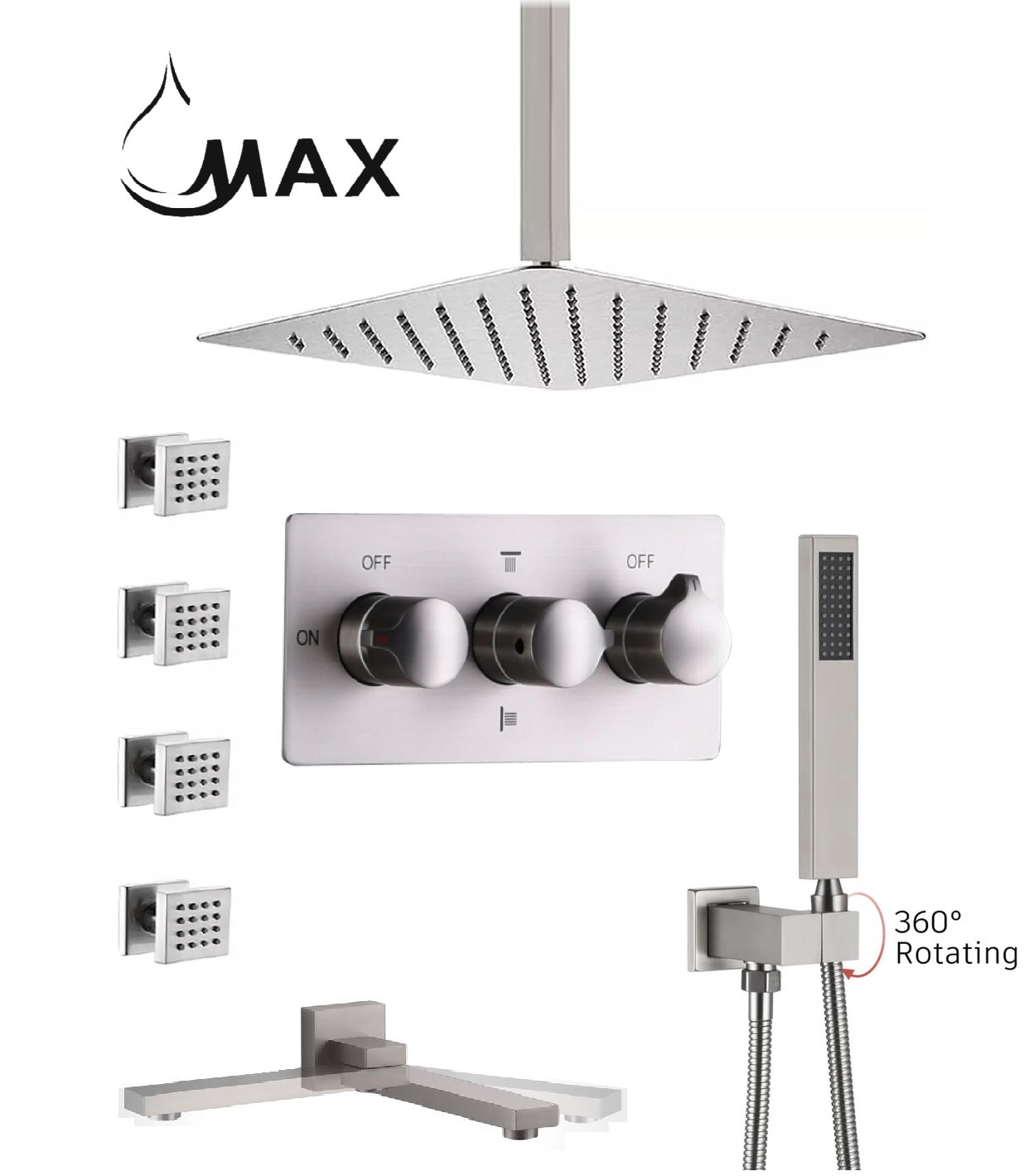 MAX Faucets Luxury brushed nickel ceiling rainfall shower system with body jets 