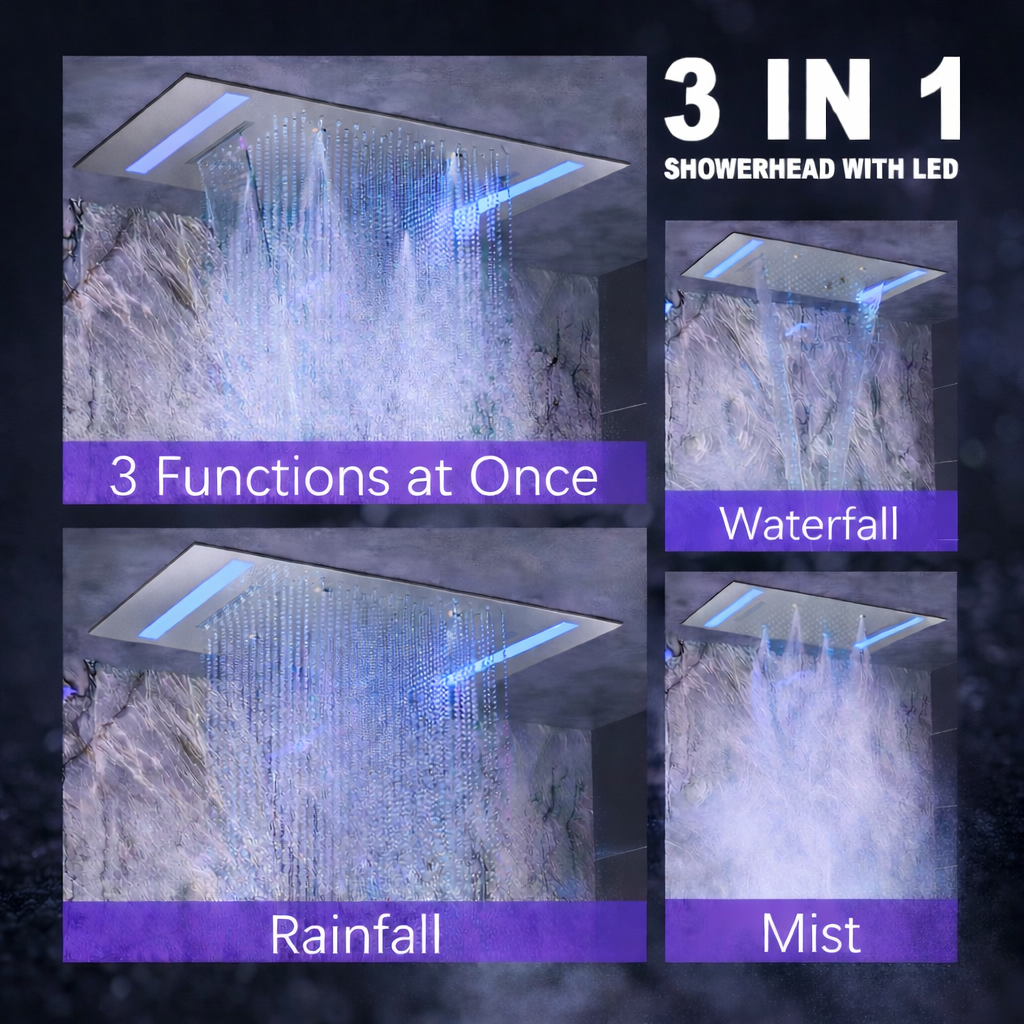 3-in-1 showerhead with LED lighting displaying three water functions on a dark background.