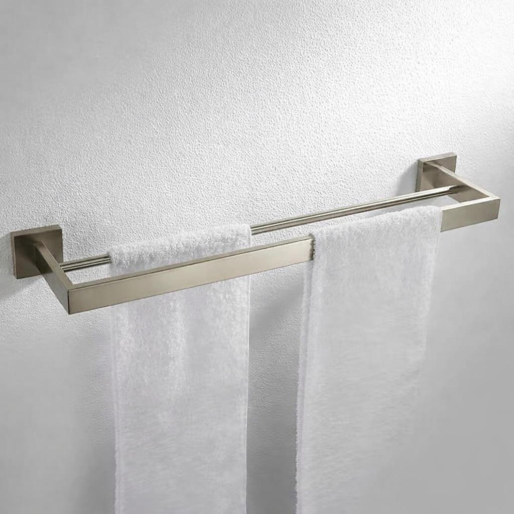 Brushed nickel stainless steel double towel bar, 60cm wall-mounted bathroom rack by MAX Faucets holding two towels