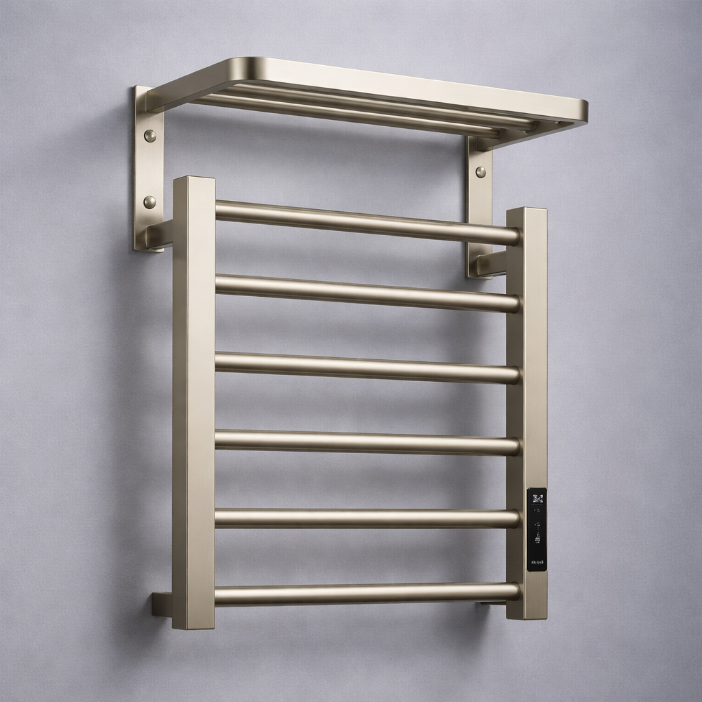 Brushed nickel wall-mounted electric towel warmer rack with shelf by MAX Faucets