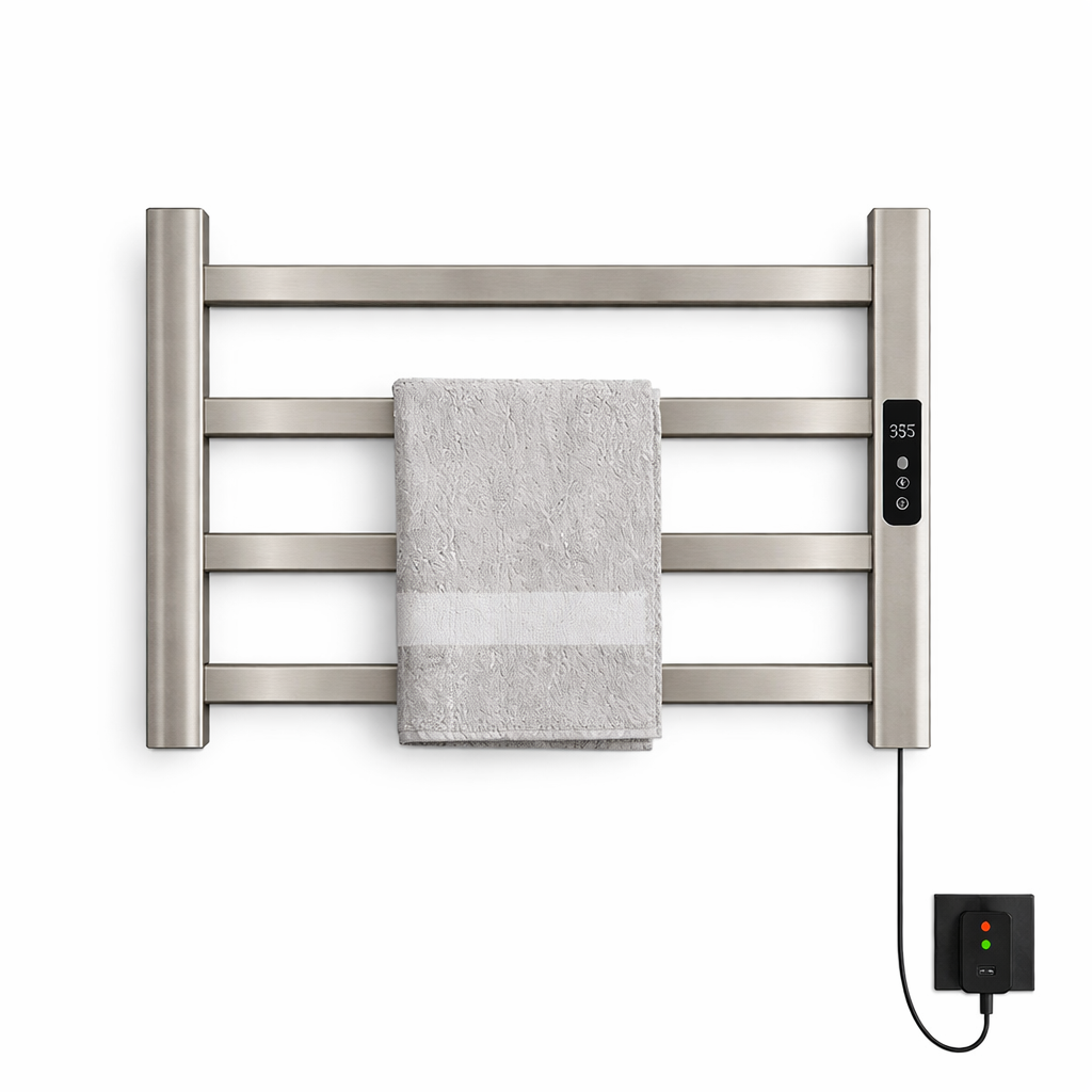 MAX Faucets 4-bar wall-mounted electric towel warmer rack in brushed nickel with digital control and hooks, 580x300 mm