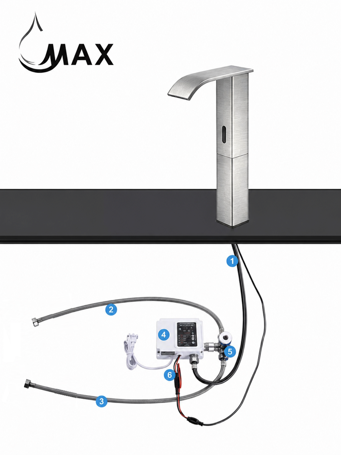 A tall brushed stainless steel sink faucet shown above a numbered exploded view of its water supply components, including hoses, a valve, pump, and wiring. The image has a white background, a black countertop, the word 'MAX' in the top left, and blue circular numbers labeling the parts.