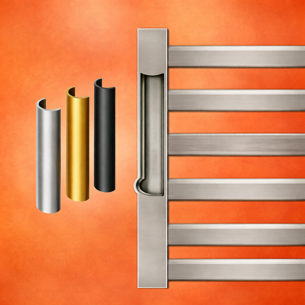 Brushed nickel finish detail of electric towel warmer rack with smooth metallic texture