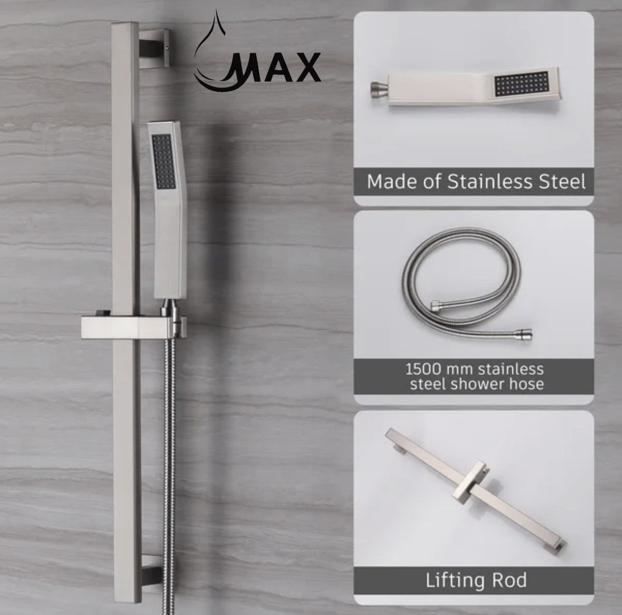 Brushed nickel handheld shower with adjustable slide bar system