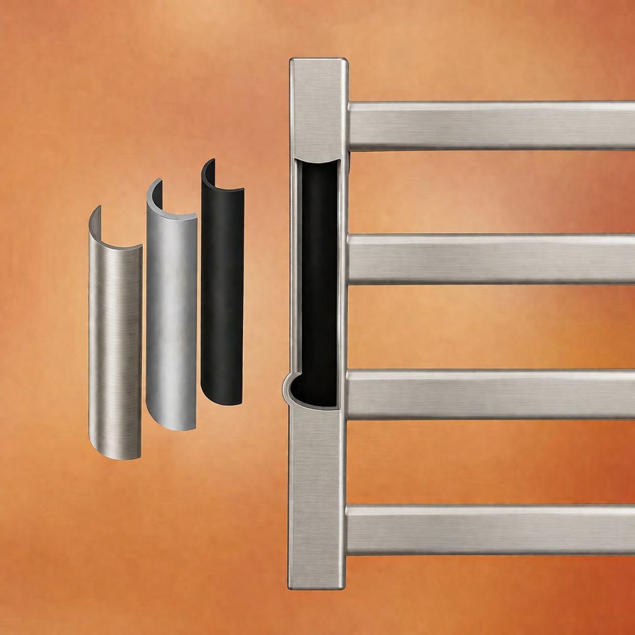 Brushed nickel electric heated towel rack with towels in modern bathroom setting