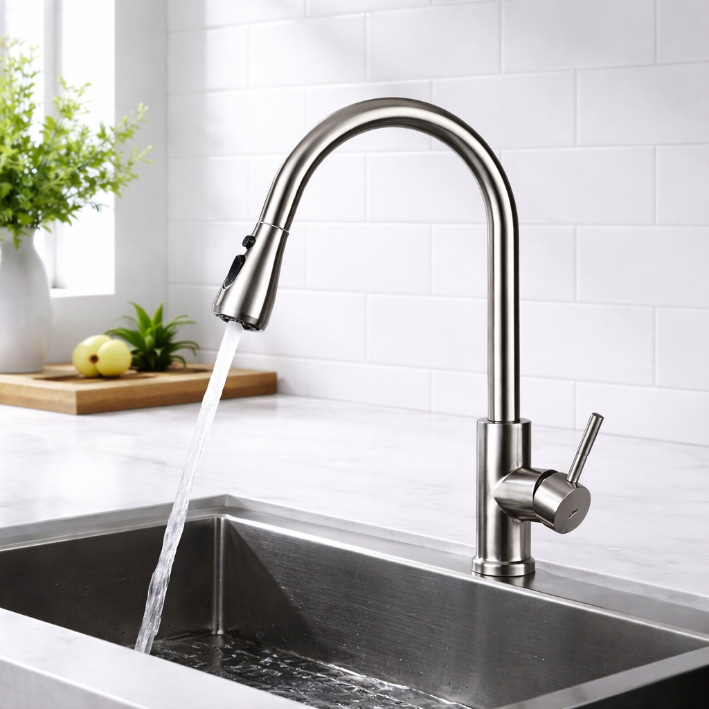 Pull-out kitchen faucet 16.5 inch brushed nickel installed in modern kitchen