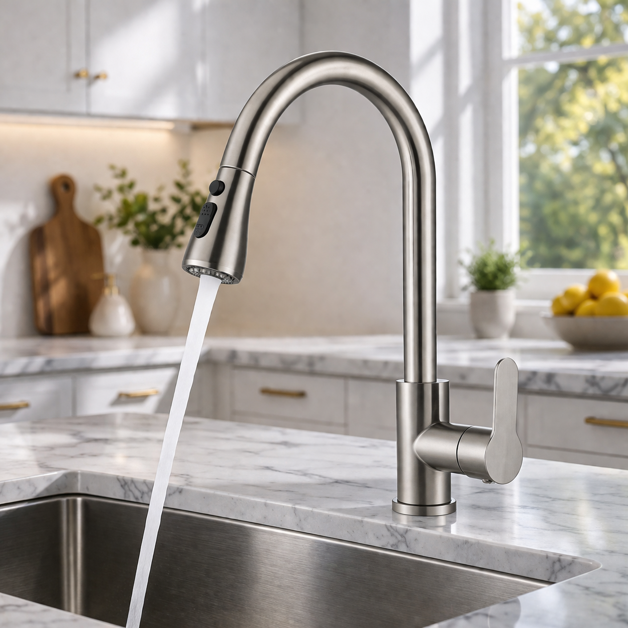 Kitchen faucet stream water mode with steady flow into sink