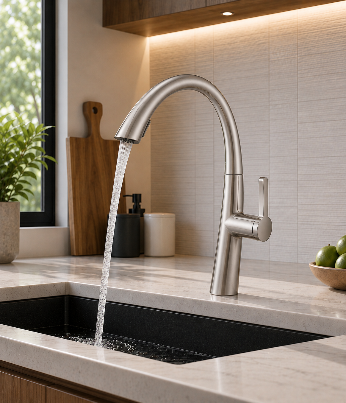 MAX Faucets brushed nickel kitchen faucet displaying stream water flow mode
