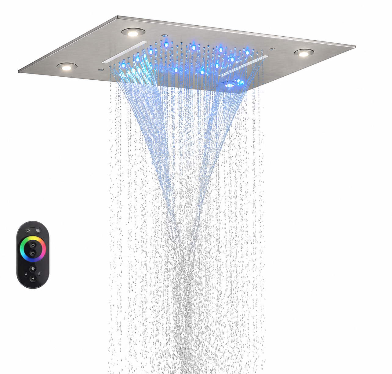 Rainfall shower head with RGB lighting and remote control on a white background