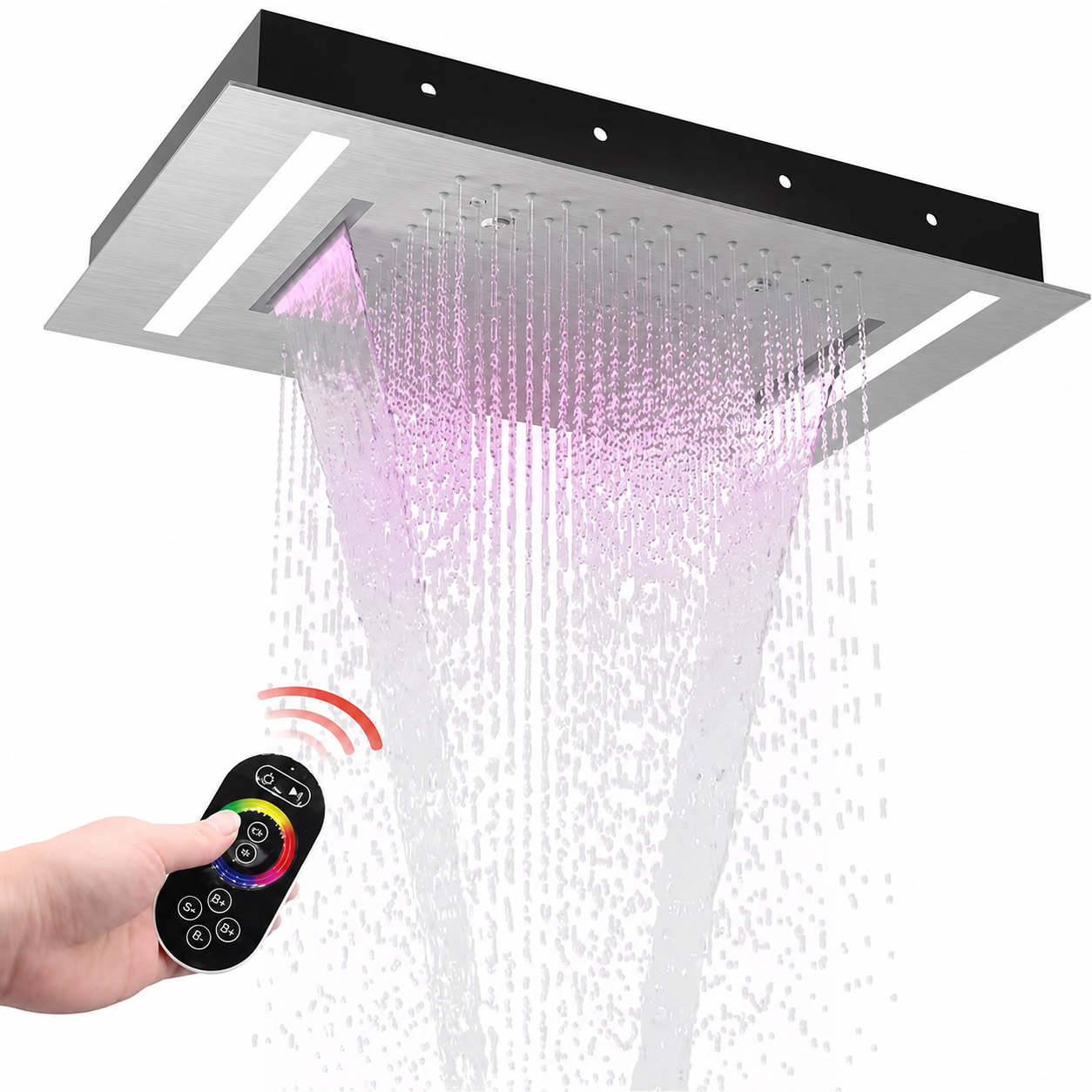 20 x 14 inch brushed nickel LED ceiling-mounted shower head with rainfall waterfall and mist functions