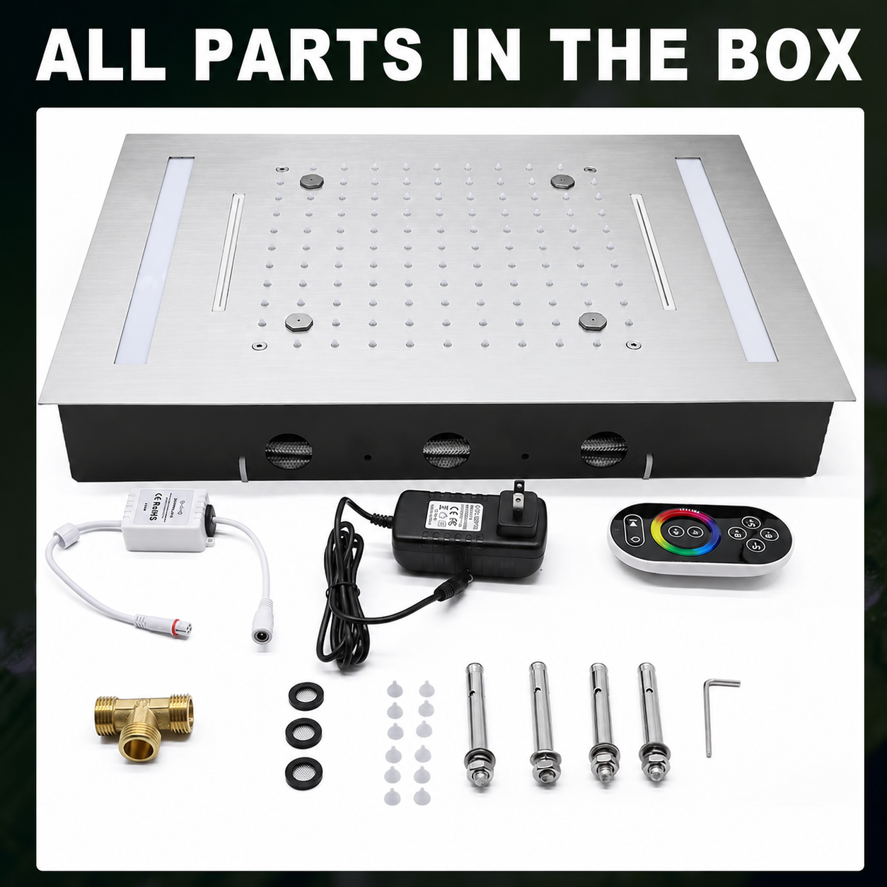 Brushed nickel LED ceiling shower head package contents including remote control and installation hardware
