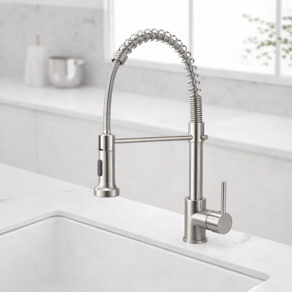 Brushed nickel pull-down kitchen faucet with high-arc spring spout by MAX Faucets