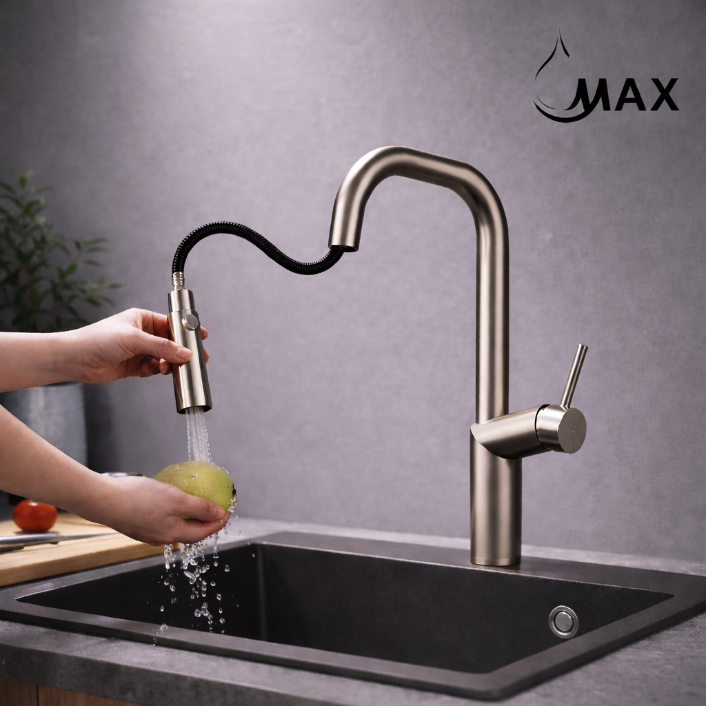 Brushed nickel pull-out kitchen faucet with high-arc spout by MAX Faucets®