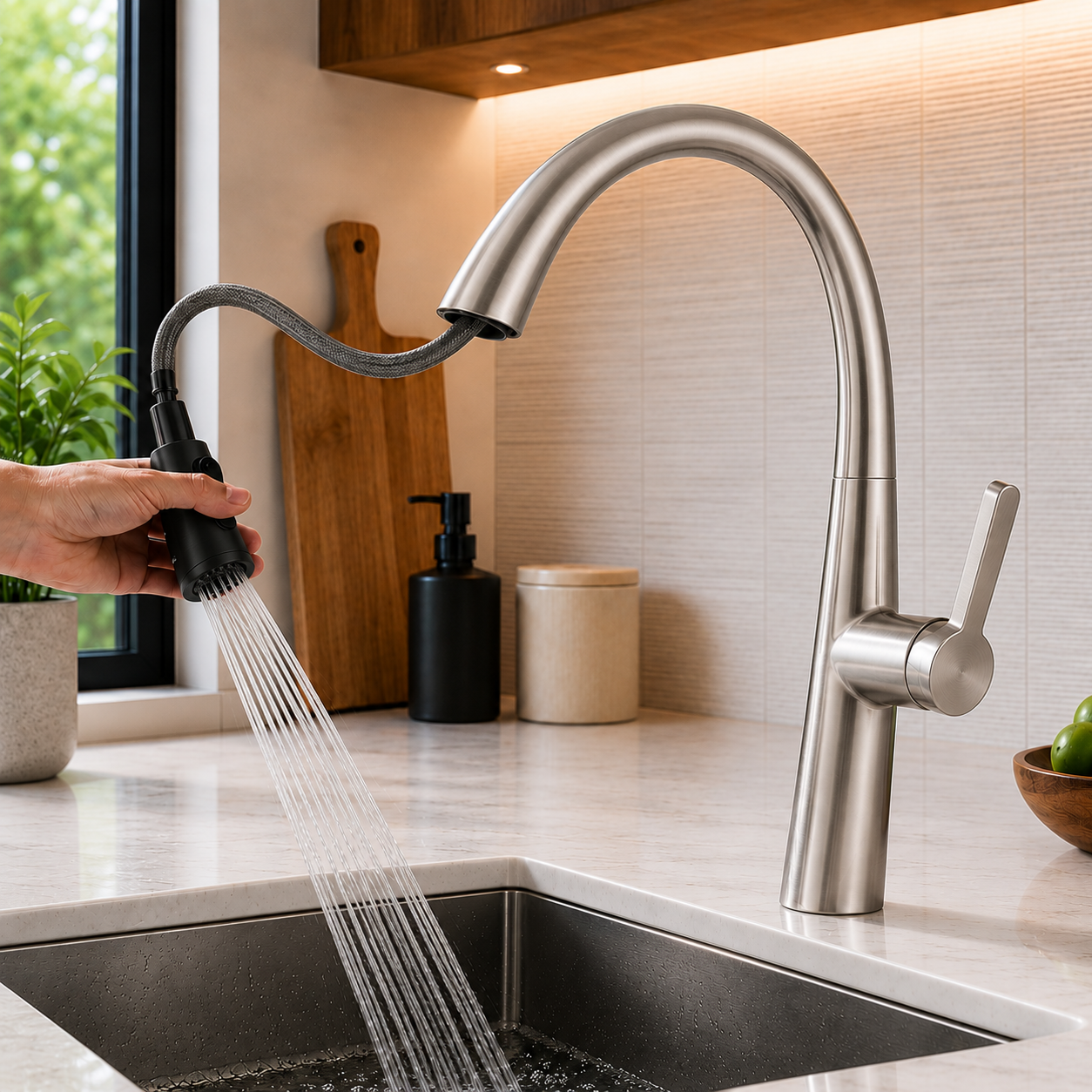 Brushed nickel kitchen faucet showing pull-out spray function