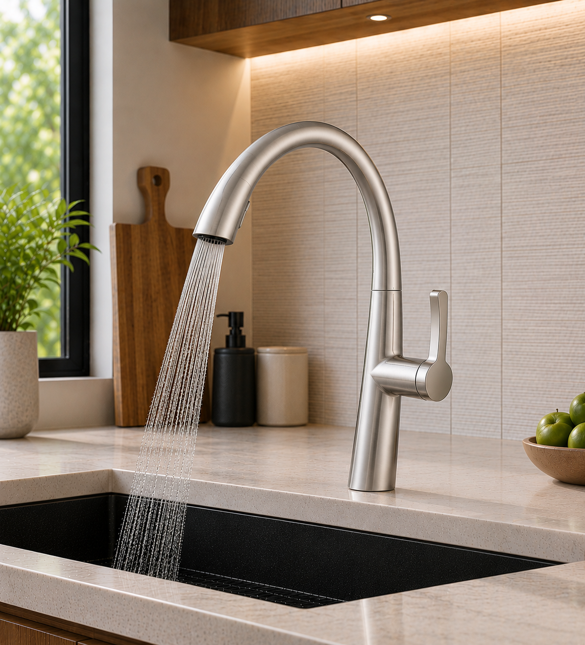 Modern kitchen faucet with running water in a well-lit kitchen.
