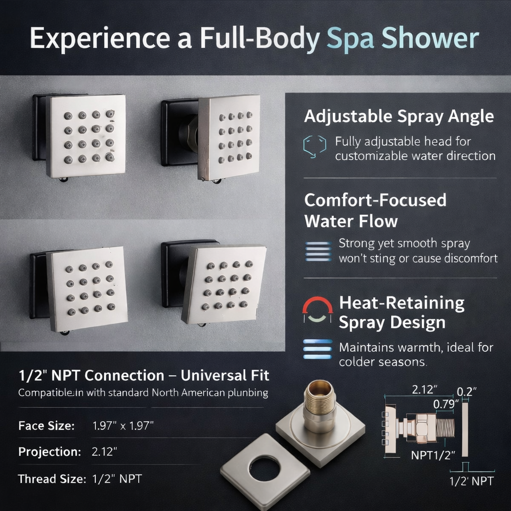 Brushed nickel square shower body jet dimensions 1.97 inch face with 1/2 inch NPT connection