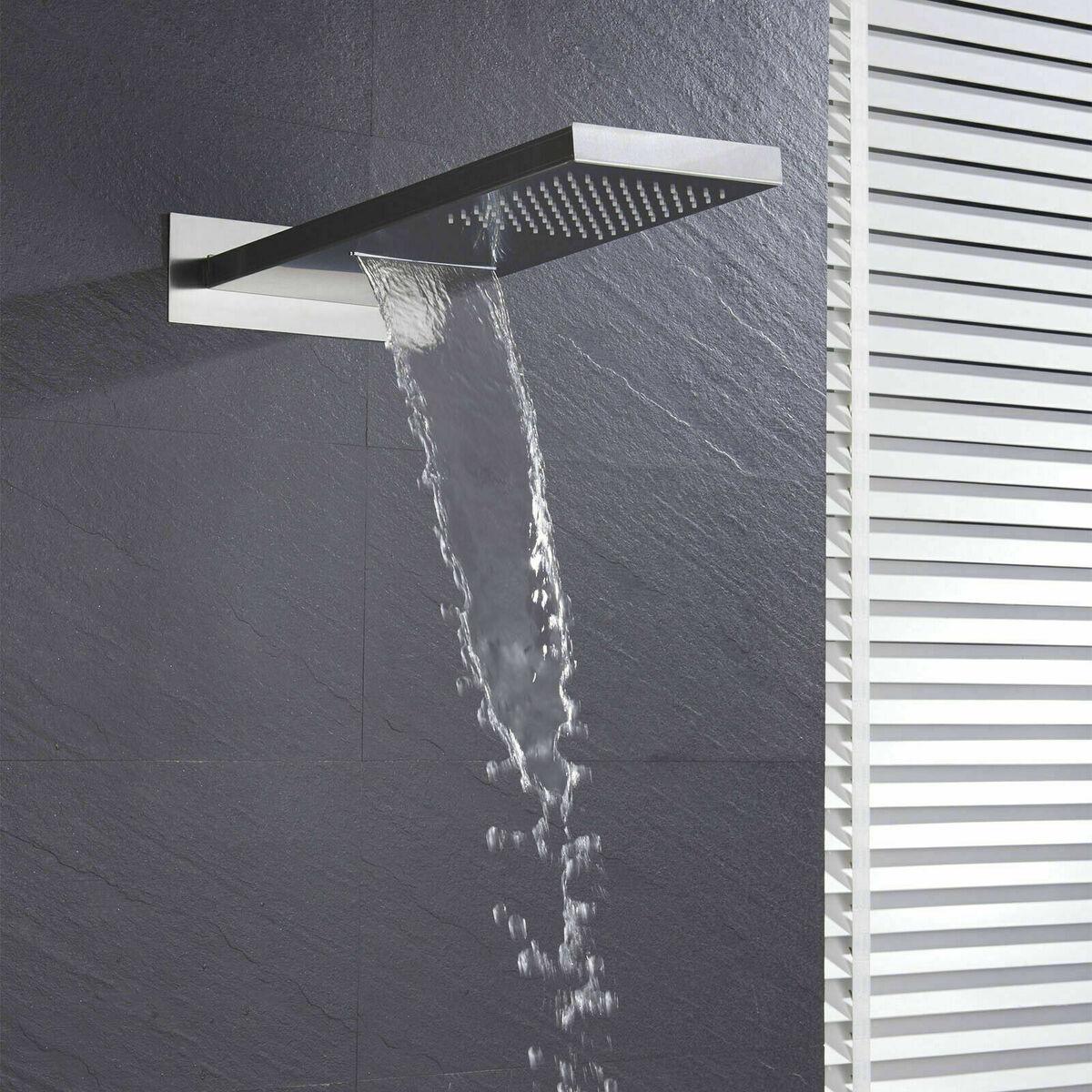 Close-up of brushed nickel finish on modern shower system