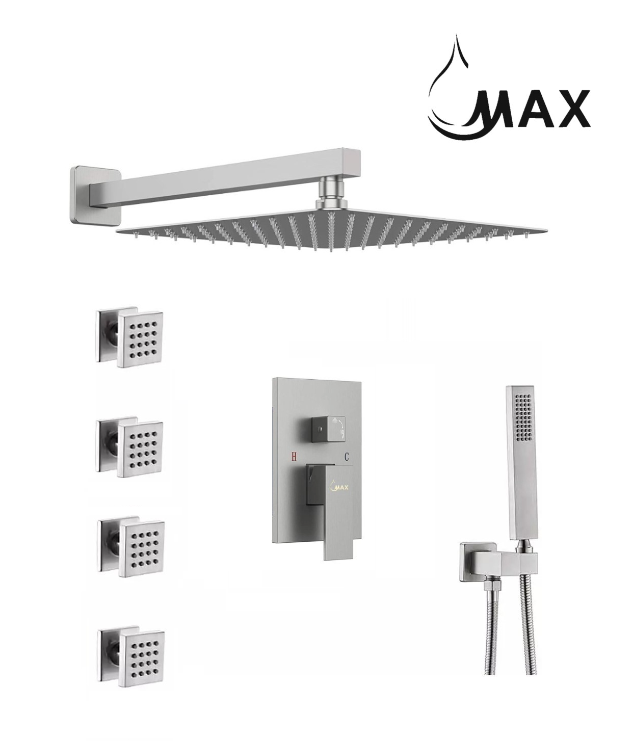 Angled view of brushed nickel wall-mounted shower system with 4 body jets