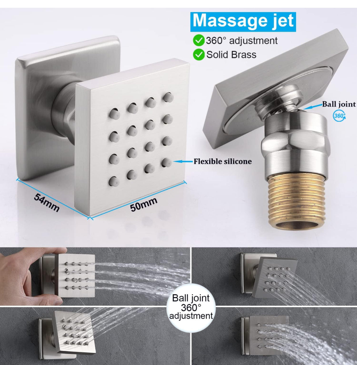 Brushed nickel shower system featuring body jets for full body massage coverage