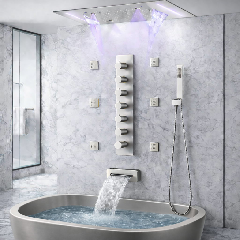Luxury spa bathroom featuring brushed nickel LED thermostatic shower system with body jets