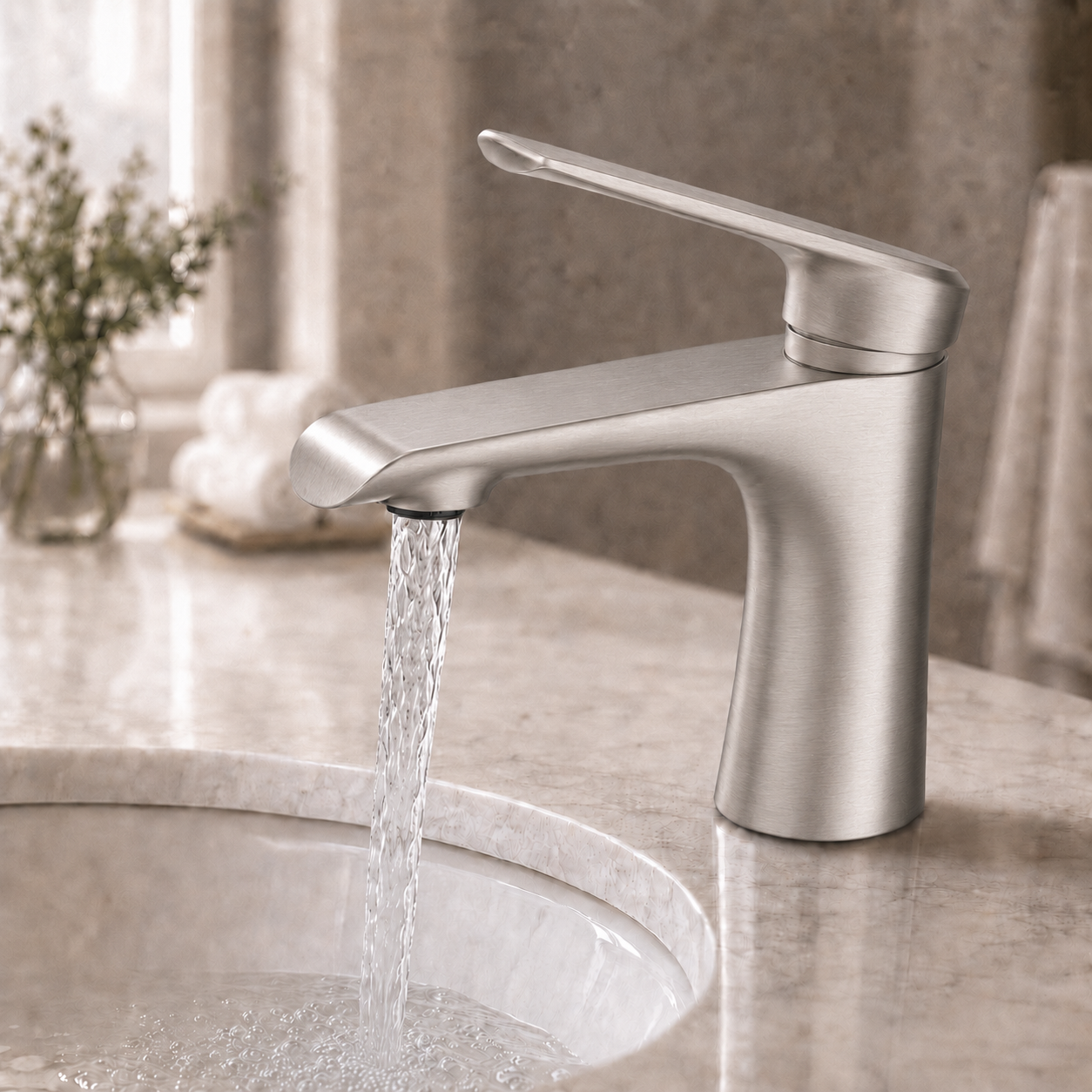 A modern single-handle bathroom faucet in brushed nickel finish, installed on a white marble sink countertop with a blurred bathroom background.