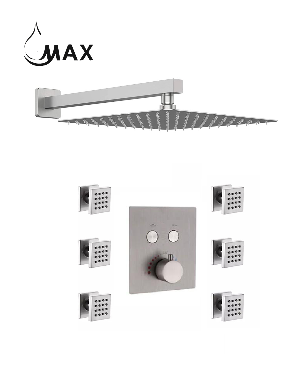 MAX Faucets brushed nickel thermostatic shower system with 6 body jets and rainfall shower head