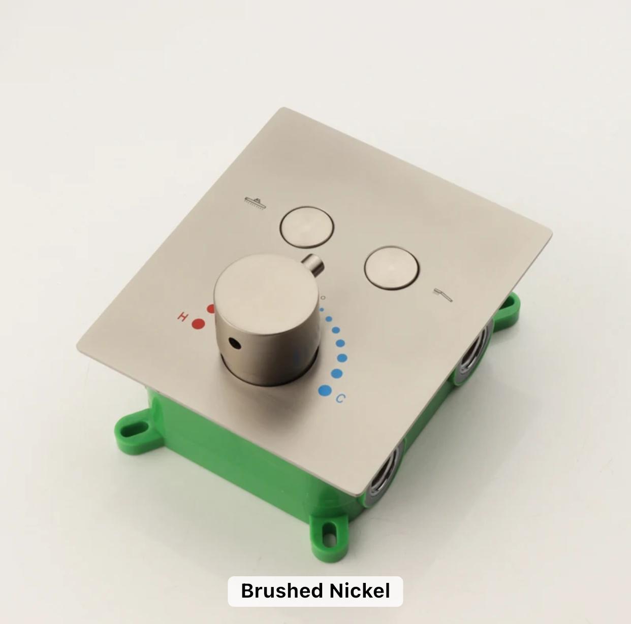 Thermostatic shower valve with push button controls in brushed nickel