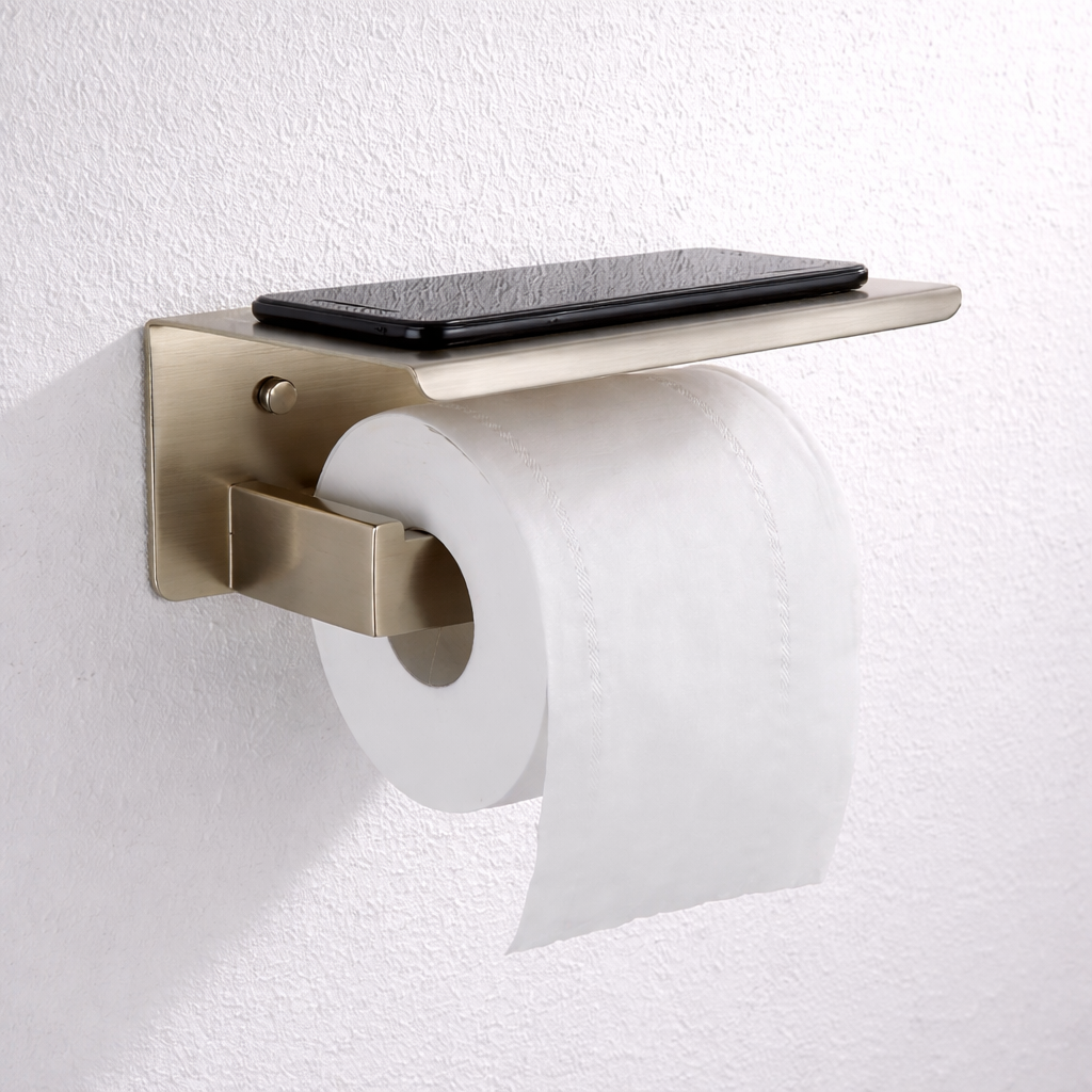 Brushed nickel stainless steel toilet paper holder with shelf, wall-mounted bathroom tissue holder by MAX Faucets