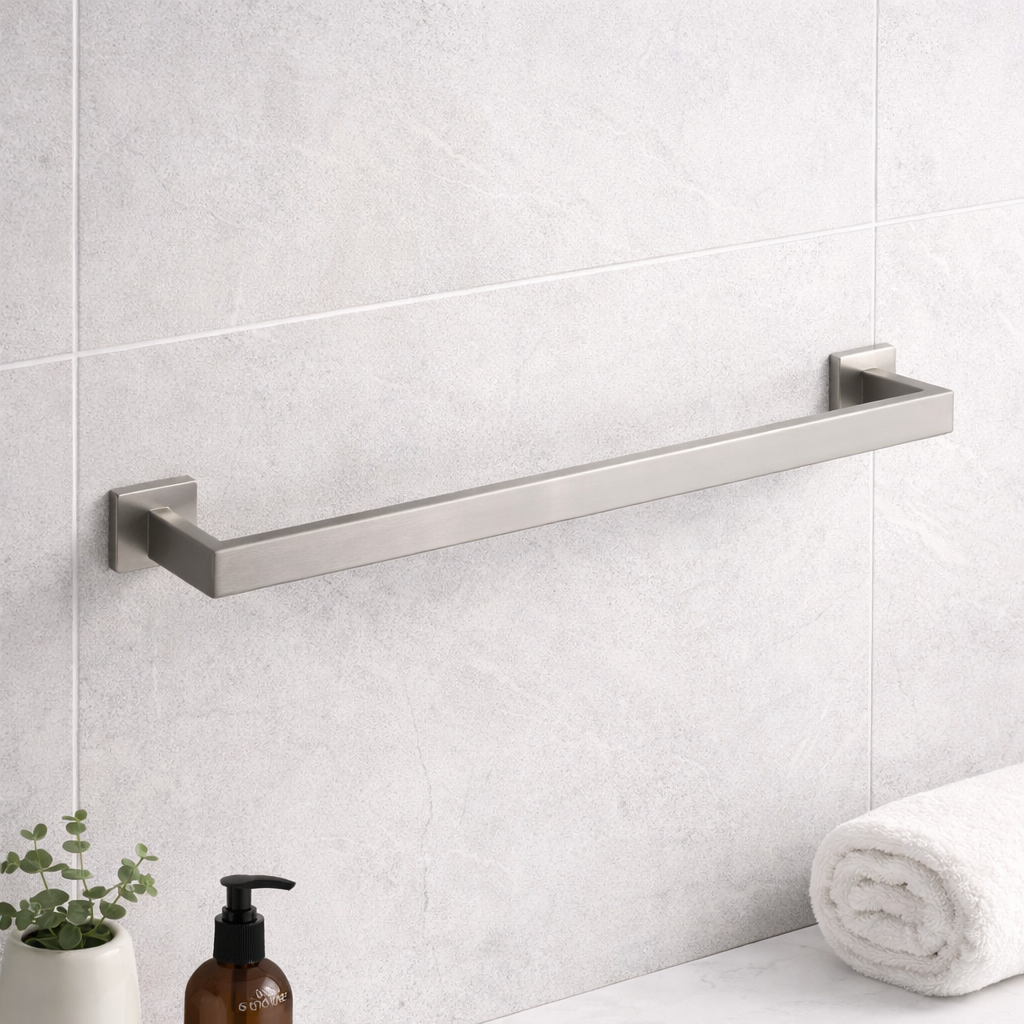 Brushed nickel stainless steel towel bar, 60cm wall-mounted bathroom towel rack by MAX Faucets with folded towel