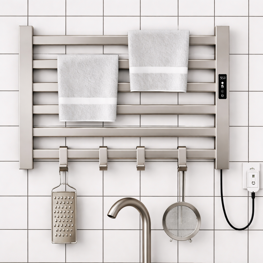 Close-up of digital control panel on brushed nickel electric towel warmer rack