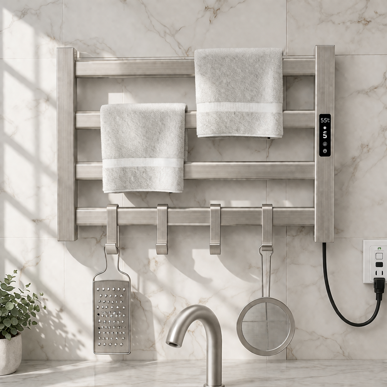 Close-up of digital control display on brushed nickel electric towel warmer rack