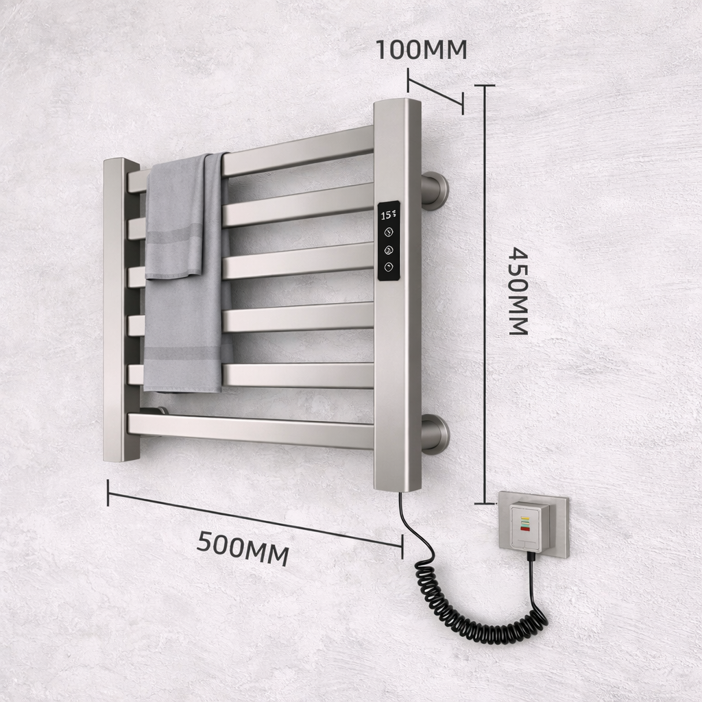 Dimensions of brushed nickel electric towel warmer rack showing 500x450 mm size