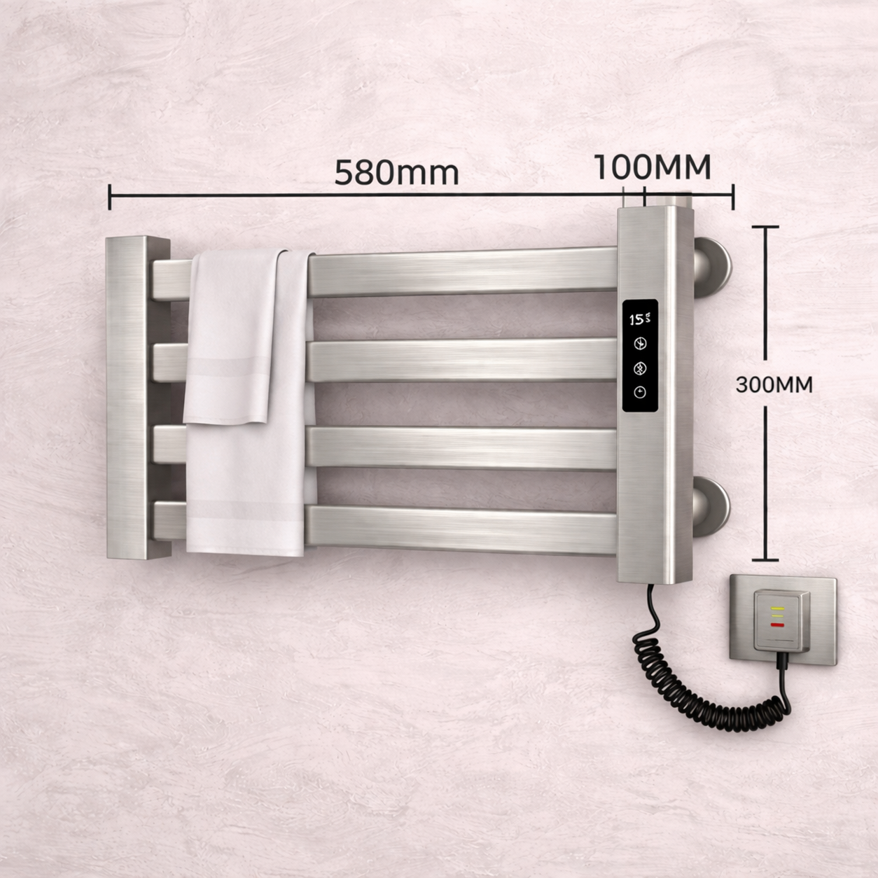 Dimensions of brushed nickel electric towel warmer rack showing 580 mm width and 300 mm height