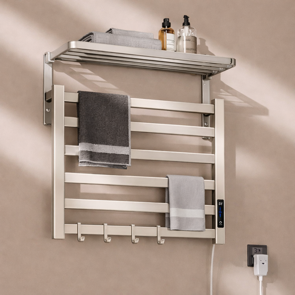 Close-up of brushed nickel finish on electric towel warmer rack