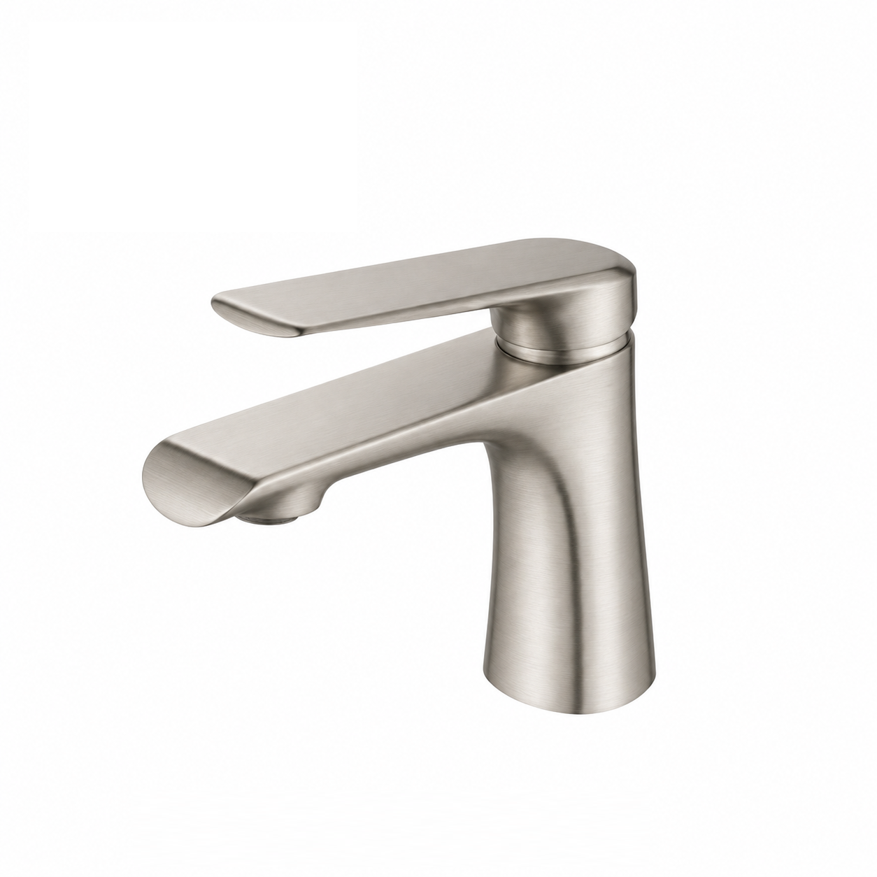 A modern single-handle bathroom faucet in a brushed satin nickel finish, shown against a plain white background.