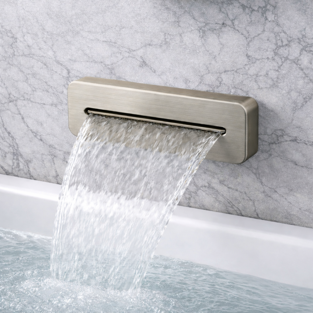 Close-up of brushed nickel water spout for luxury thermostatic shower system